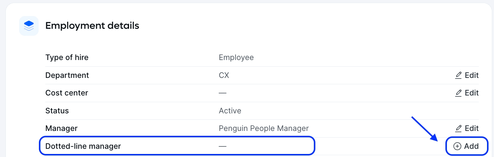 Employee profile showing the Add dotted-line manager option