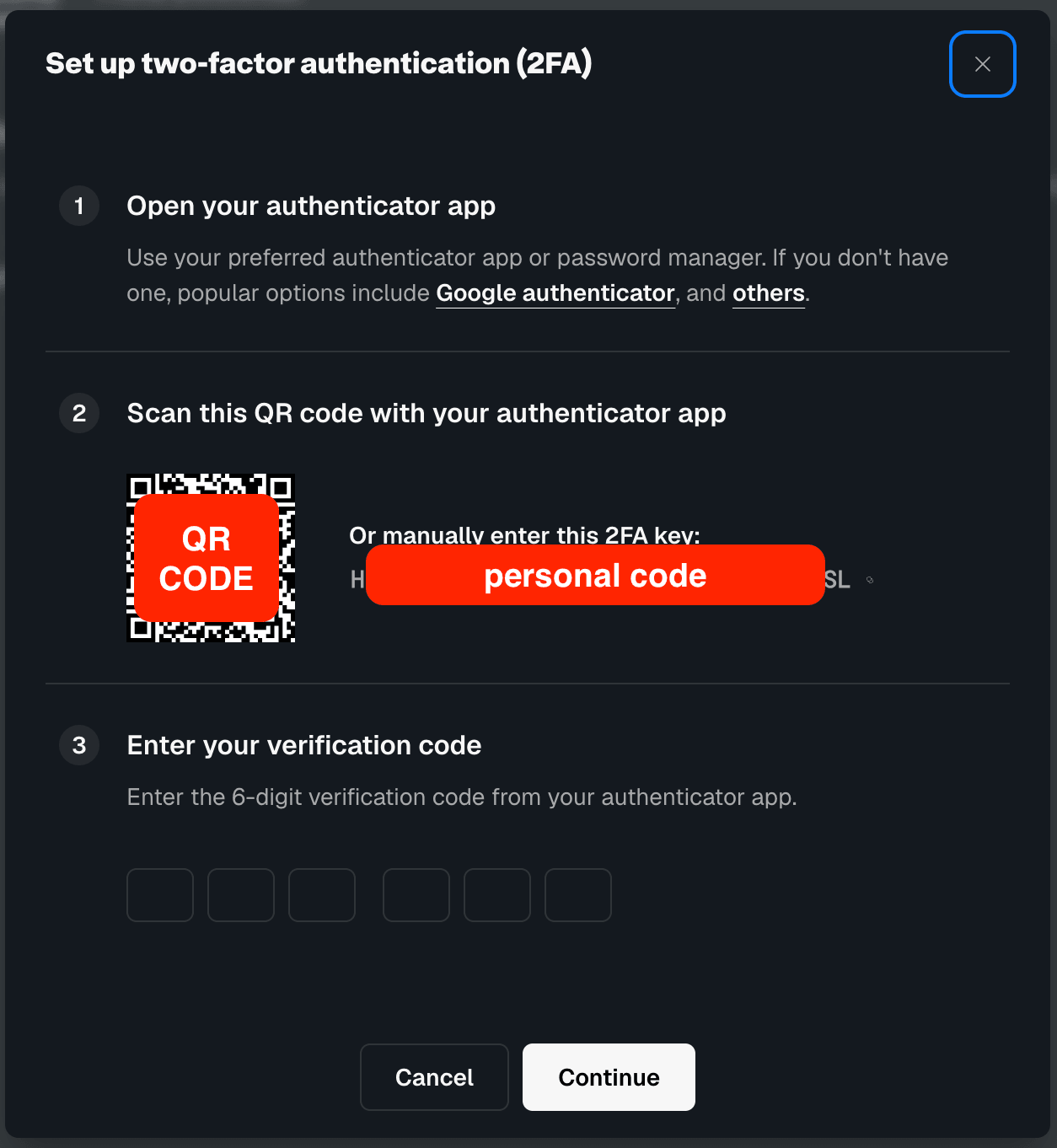 set up screen with QR code