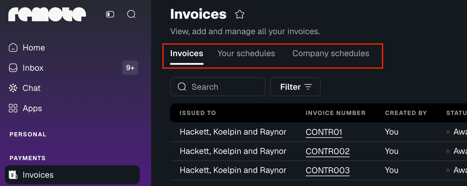 invoice tab