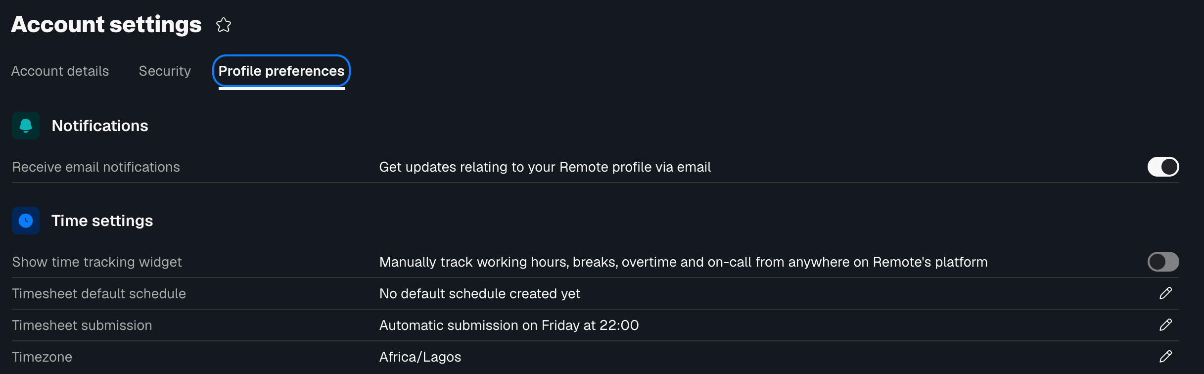 time setttings
