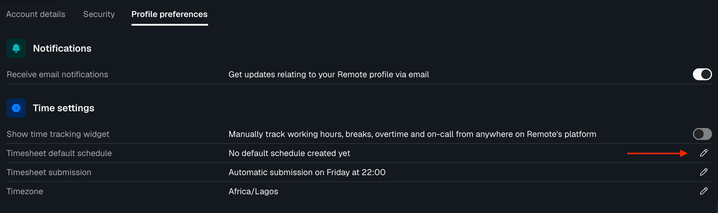 time default schedule