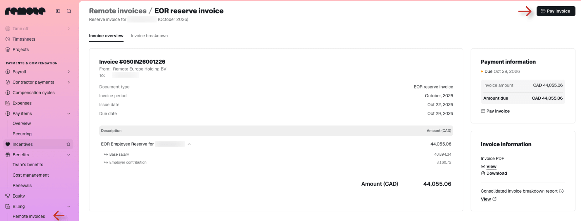 reserve invoice