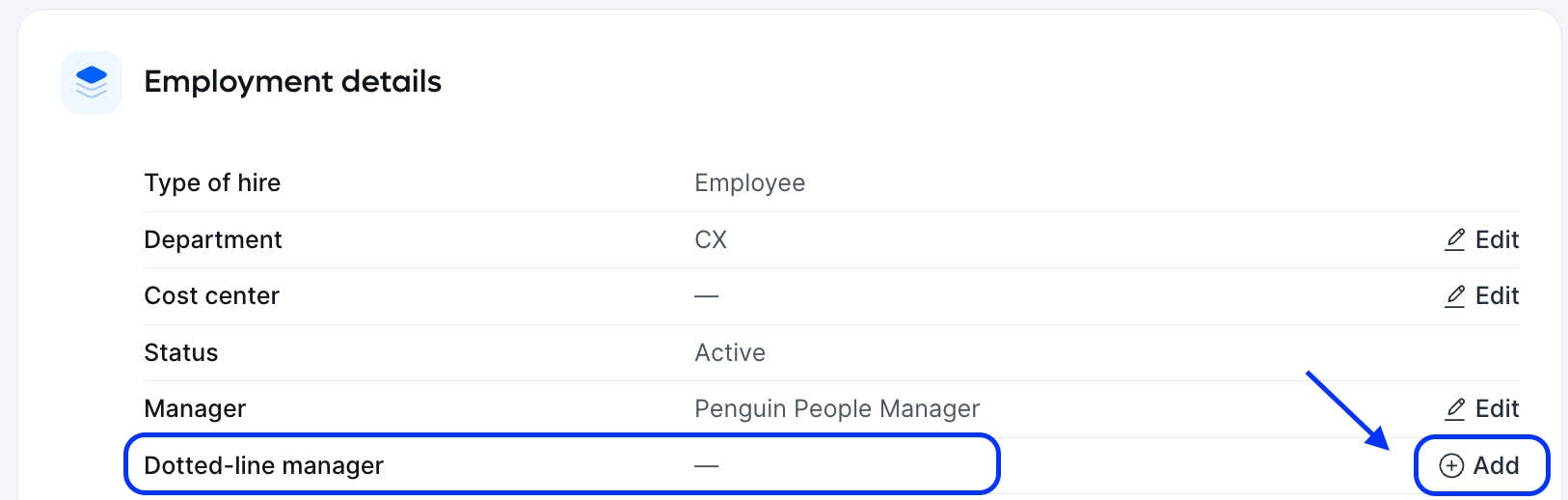 Employee profile showing the Add dotted-line manager option